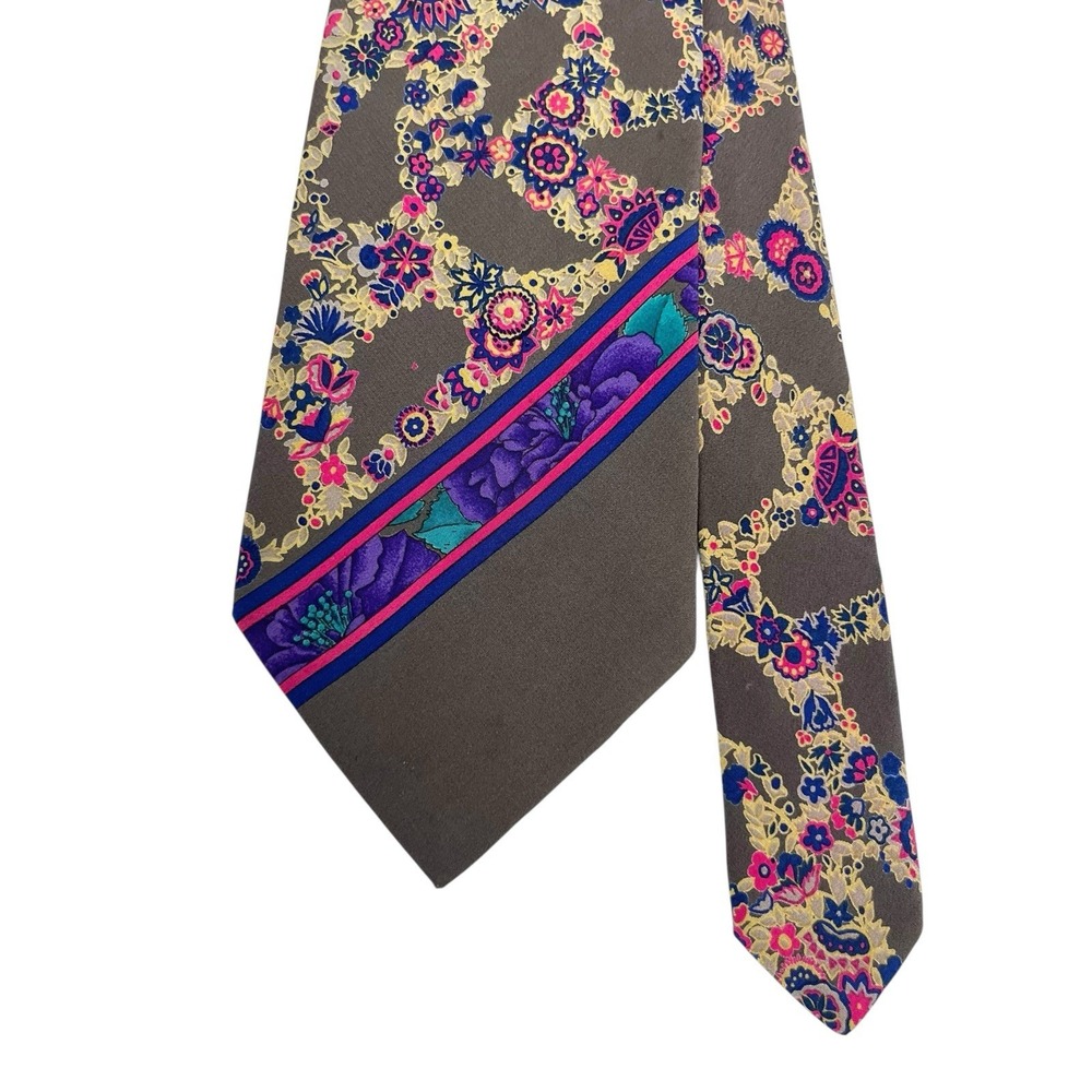 Leonard Paris Men's Tie Floral Flowers Multicolor Silk 3.75" (W) x 54" (L) guc